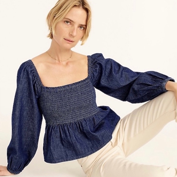 J. Crew Puff Sleeve Smocked Chambray Top - Picture 1 of 10